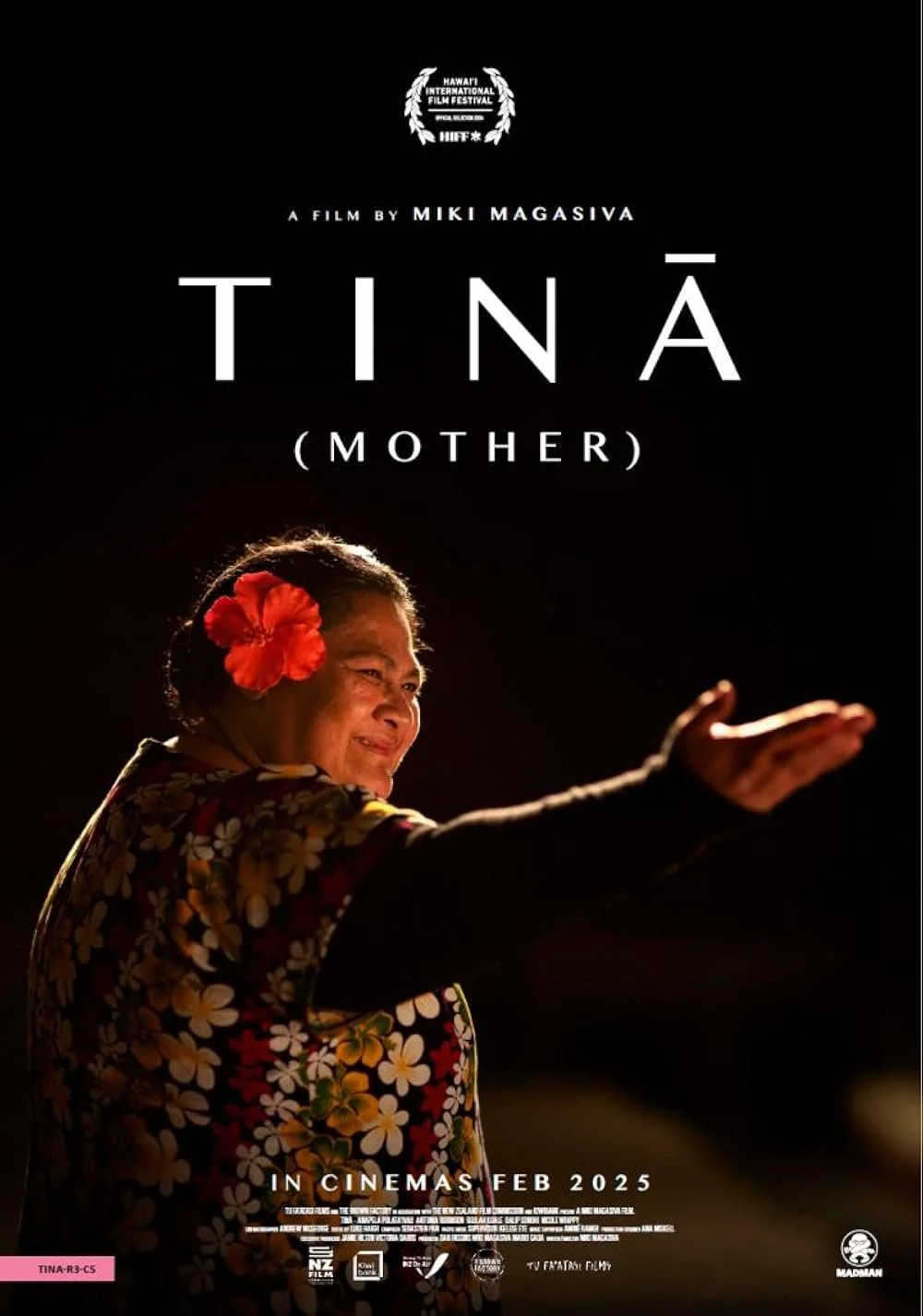 Poster for the film 'Tina (Mother)' directed by Miki Magasiva, featuring a woman with a red flower in her hair and a floral kimono, smiling and reaching out, with a dark background.