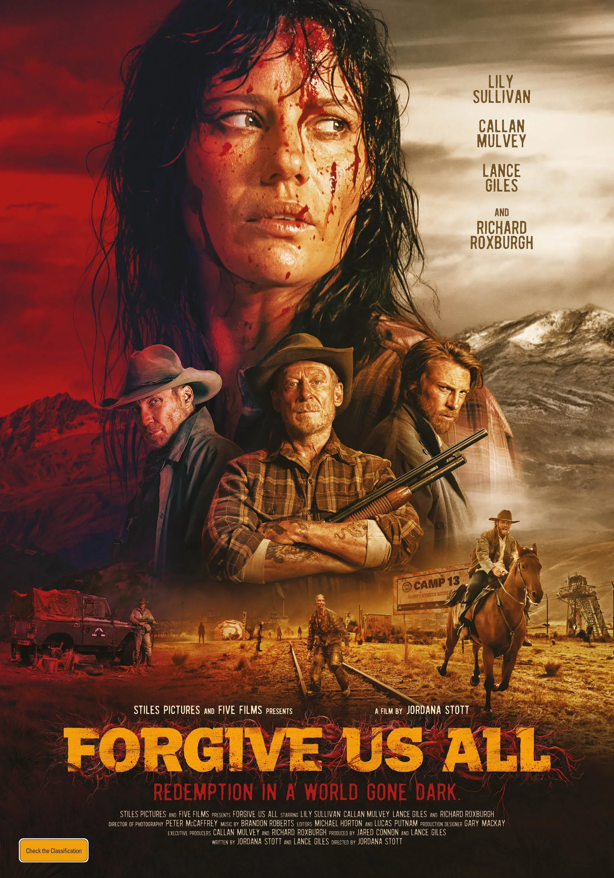 The movie poster for "Forgive Us All" featuring a large portrait of a woman with blood on her face in the background, and three men in cowboy attire holding guns in the foreground, set against a rugged desert landscape with mountains and a train track.