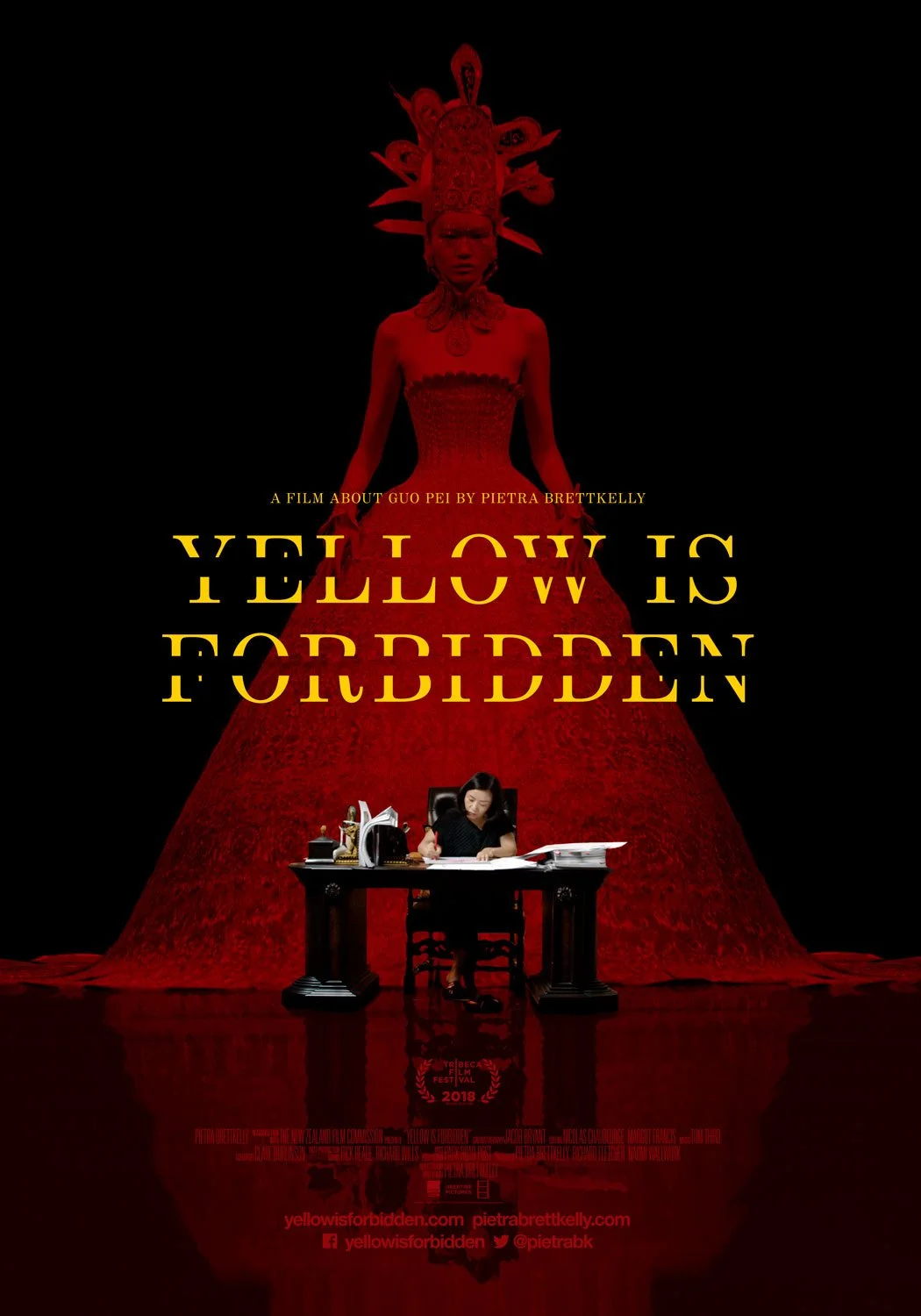 Movie poster for "Yellow Is Forbidden" featuring a woman in a black top sitting at a desk, with a tall, elaborate red headdress and a red dress in the background.