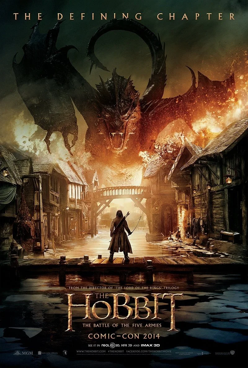 Movie poster for 'The Hobbit: The Battle of the Five Armies' featuring a large dragon in the sky, a character standing on a wooden dock with a bow, and a fiery scene in a medieval village.