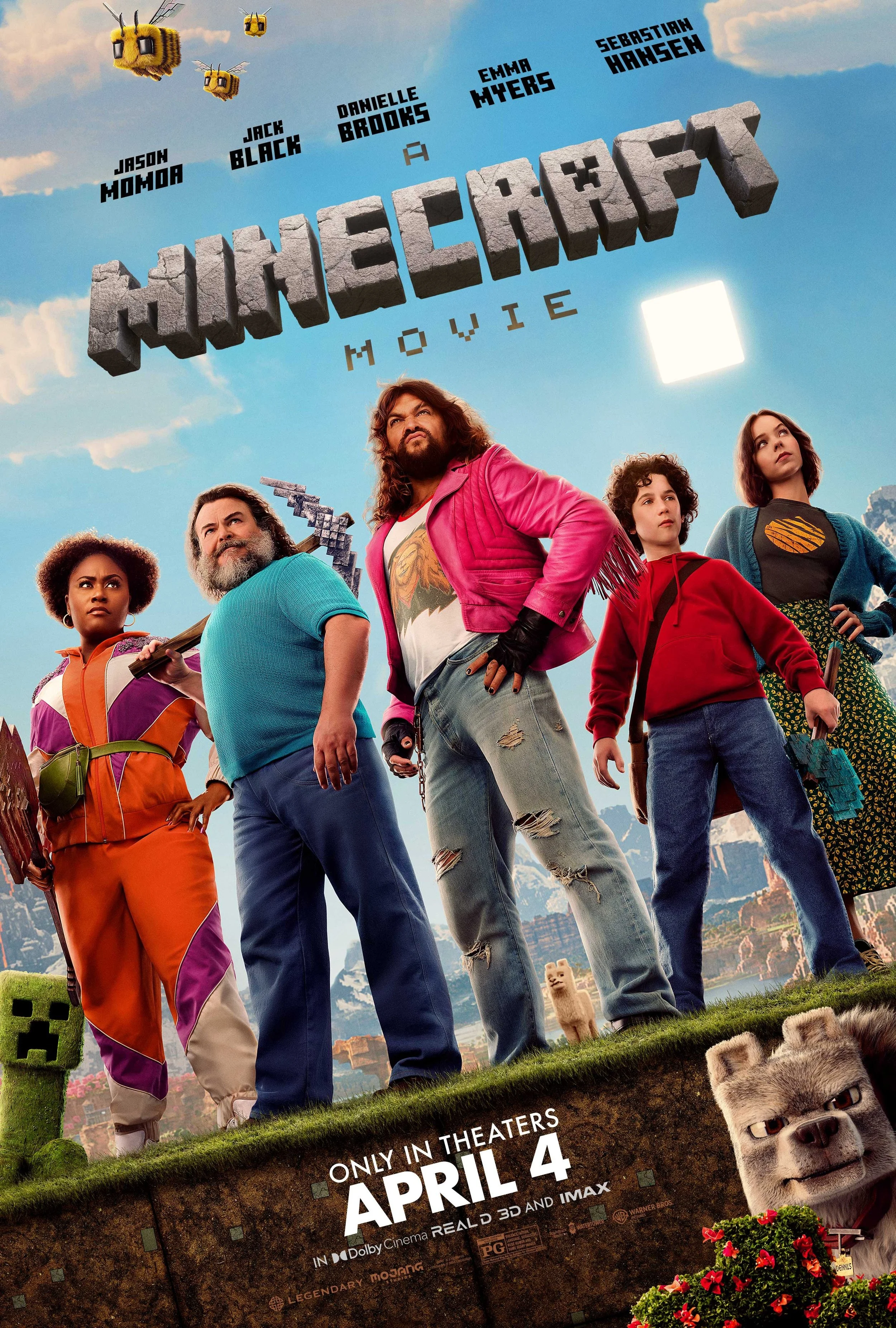 Poster for the Minecraft movie showing five characters standing on a grassy landscape with mountains in the background, and Minecraft animals including a sheep and a wolf. The title 'Minecraft Movie' is in large block letters at the top, with flying bees and pixelated clouds. Release date April 4 is displayed at the bottom.