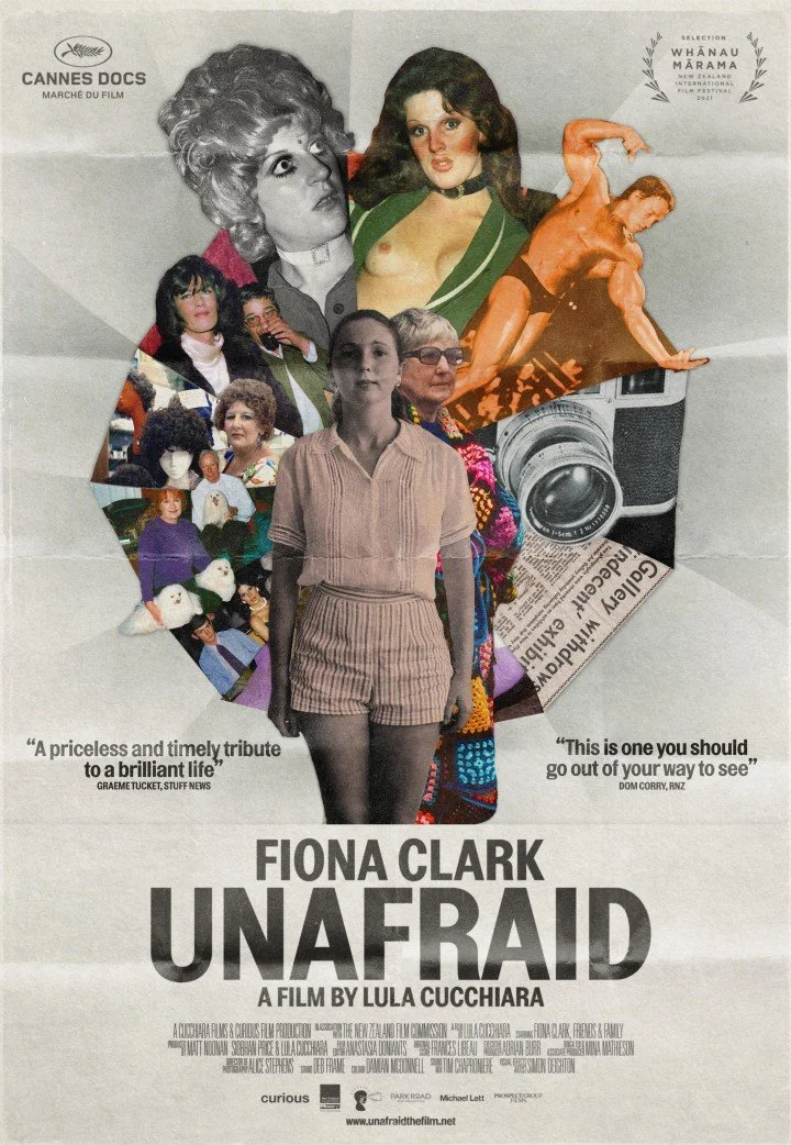 Collage film poster featuring Fiona Clark, various women, a muscular man, a camera, newspaper, and movie accolades, promoting the documentary film 'Unafraid' by Lula Cucchiara.