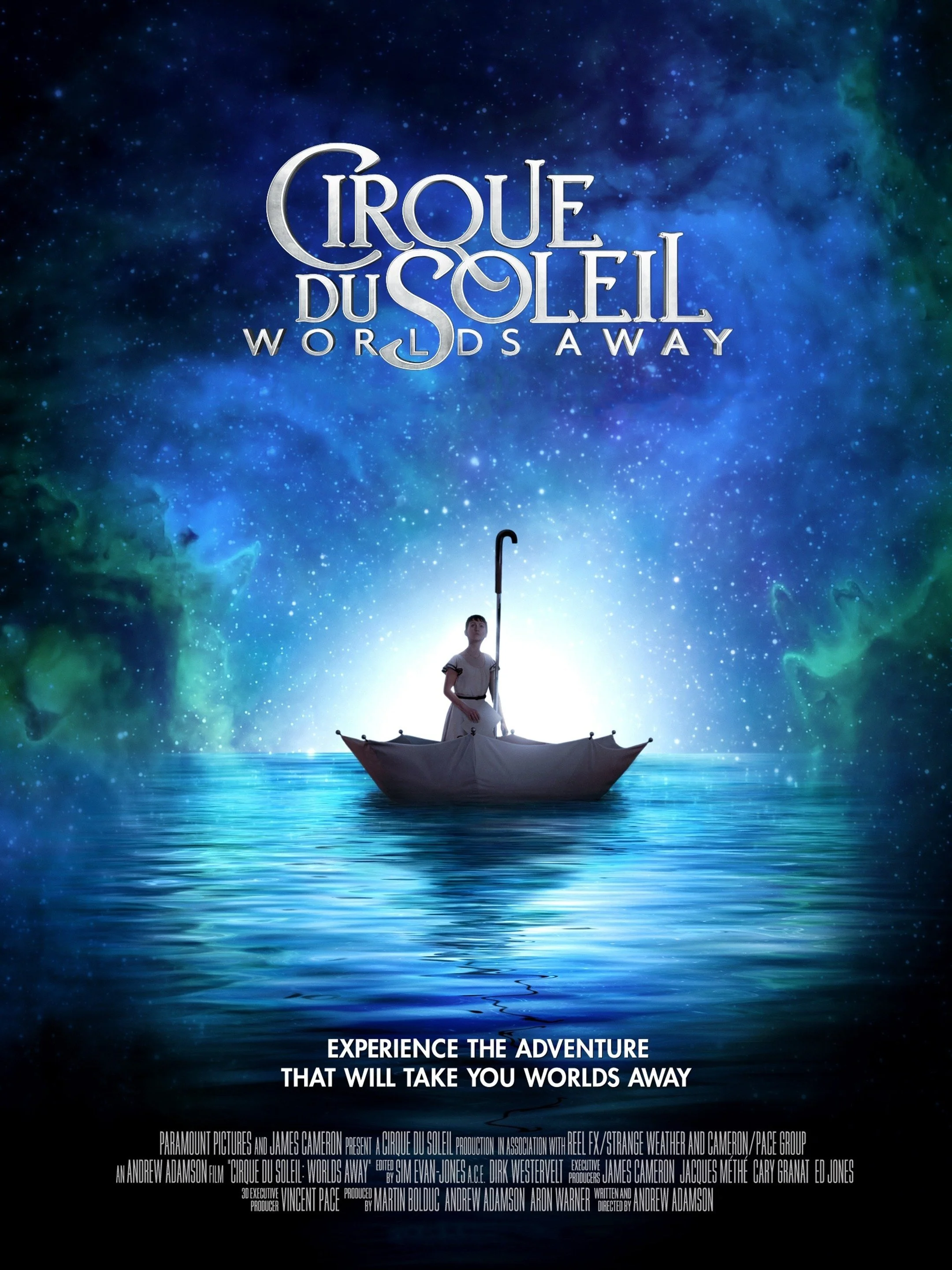 Movie poster for 'Cirque du Soleil: Worlds Away' showing a girl in a dress standing in a boat on water with a starry sky background.