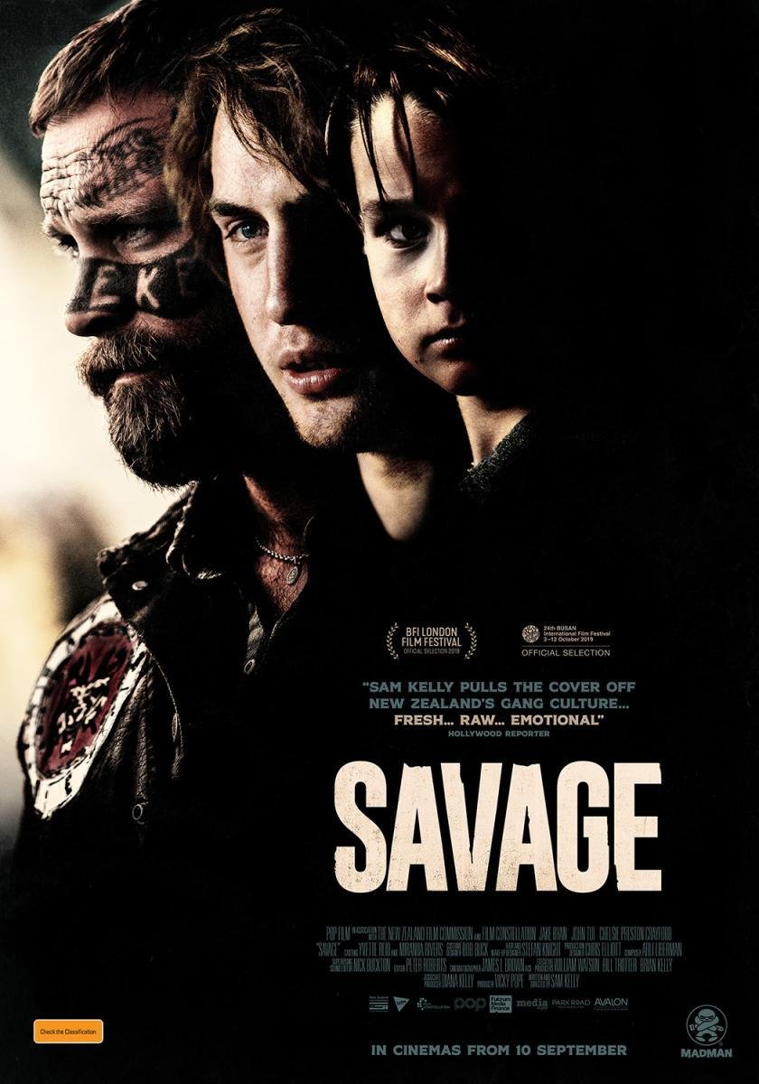 Movie poster for 'Savage' featuring three characters with intense expressions, dark background, and text highlighting film festival selections and release date.