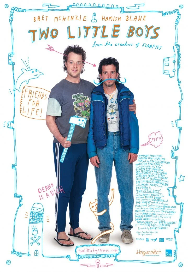 Movie poster for 'Two Little Boys' featuring two men standing side by side, with doodles and handwritten notes around them. One man is holding a stick with a smiley face, and the background is white with colorful sketches and text.