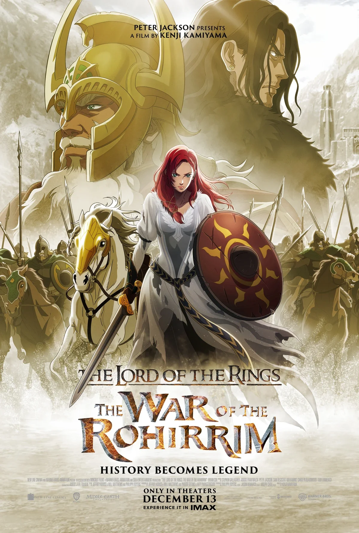 Animated poster for the movie 'The Lord of the Rings: The War of the Rohirrim,' featuring a red-haired woman with a shield and sword, a horse, and large characters in the background.