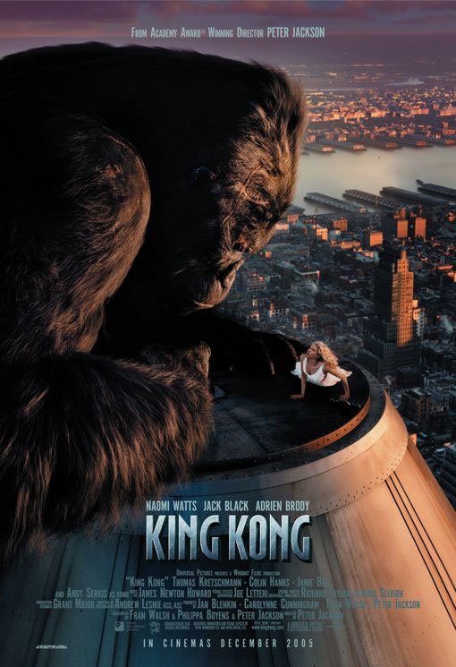 Movie poster for King Kong, featuring a giant gorilla looming over a city skyline at sunset, with a woman on a rooftop near the gorilla's hand.