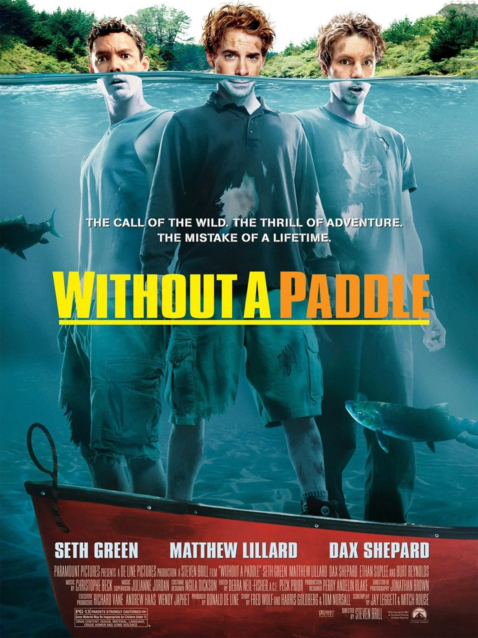 Movie poster for 'Without a Paddle' featuring three young men standing in a body of water with a canoe and fish, with the film’s title and credits