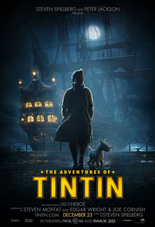 Movie poster for "The Adventures of Tintin" featuring Tintin, a young man, standing with his dog on a dock, facing a large ship with sails at night, illuminated by a full moon and lanterns.