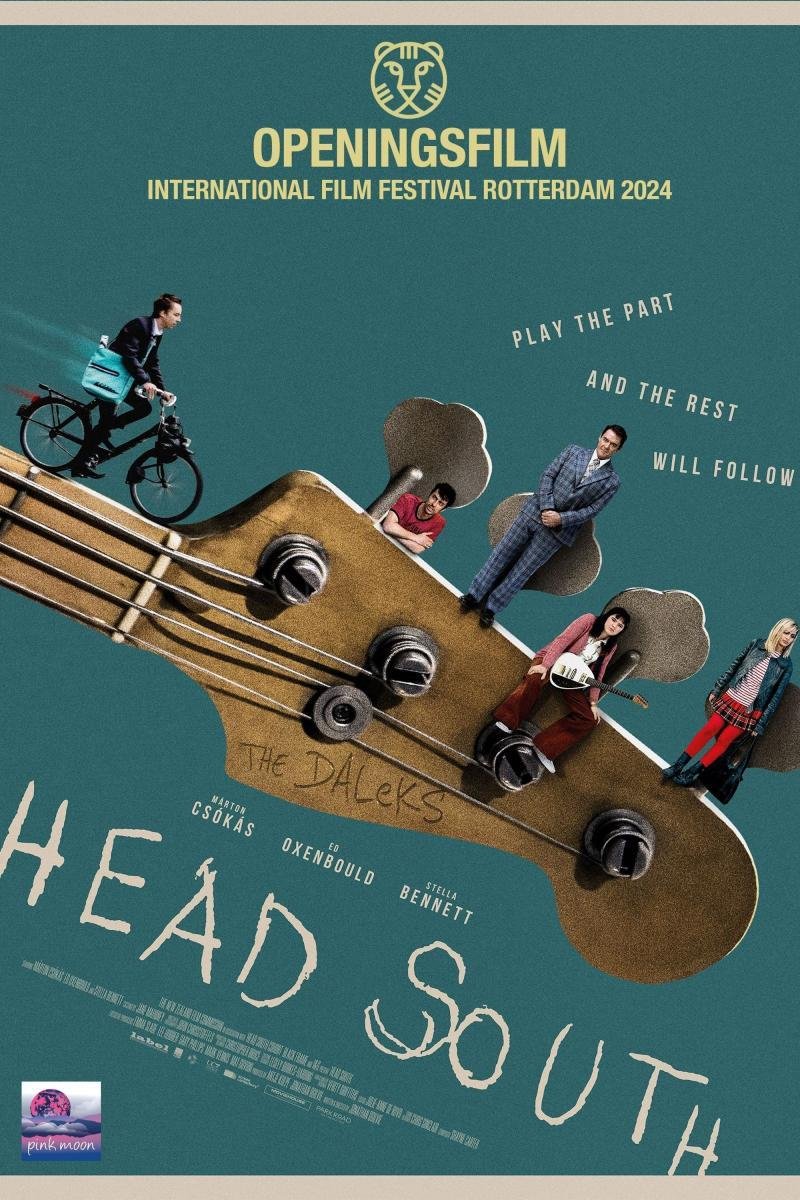 A movie poster for 'Head South' at the Rotterdam 2024 International Film Festival. The poster features a large guitar with five people on or around it, including a man riding a bike, a woman sitting, and others standing with a guitar. The tagline reads, 'Play the part and the rest will follow.'