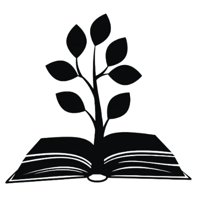 Open book with a plant growing from its center, symbolizing knowledge and growth.