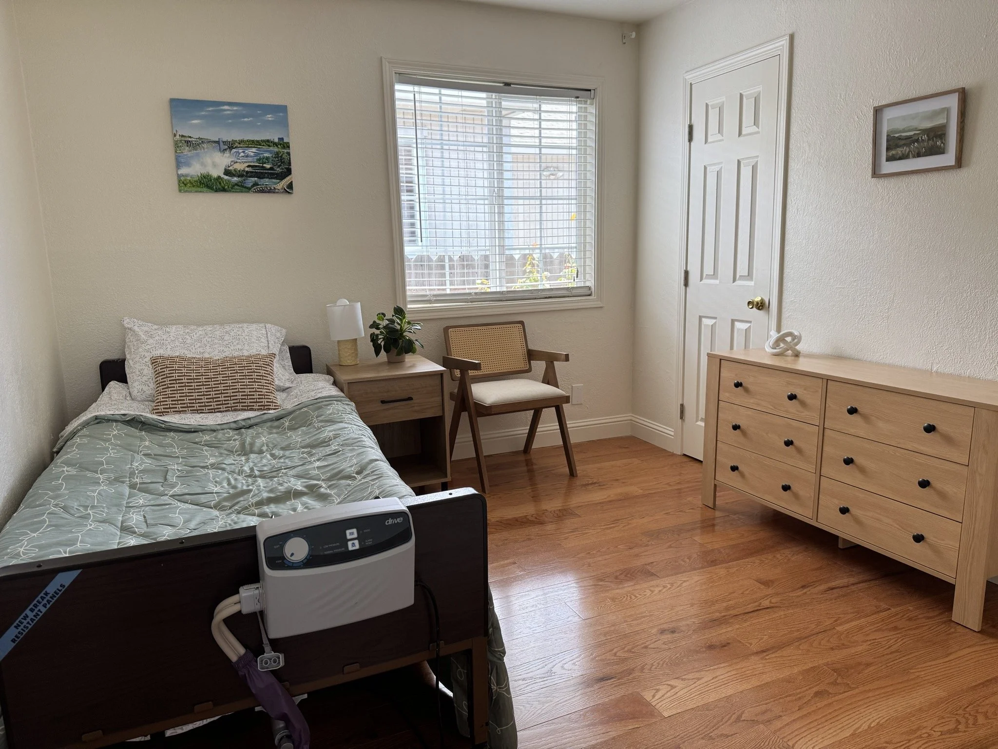 A bedroom with a bed, a bedside table with a lamp and plant, a window with blinds, a chair, a dresser, and framed landscape artwork on the walls.