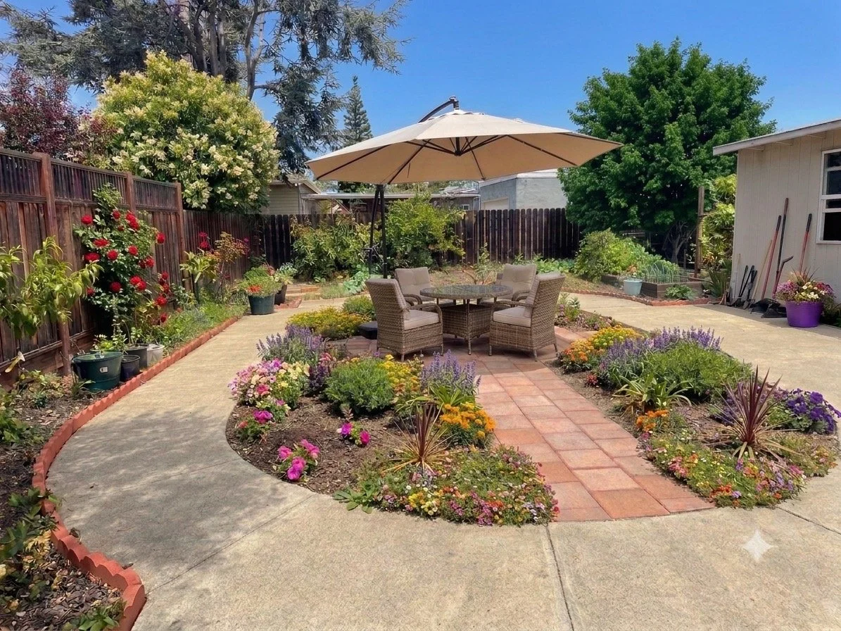 A backyard garden patio with a circular table and four chairs shaded by a large beige umbrella. The patio is surrounded by colorful flower beds with a variety of blooming plants, shrubs, and small trees. A wooden fence borders the garden, and there is a shed or small building on the right with garden tools leaning against it. The scene is set on a sunny day with a clear blue sky.