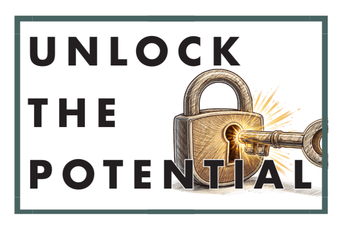 Text 'Unlock the Potential' arranged around a padlock with a key unlocking it, symbolizing unlocking potential.