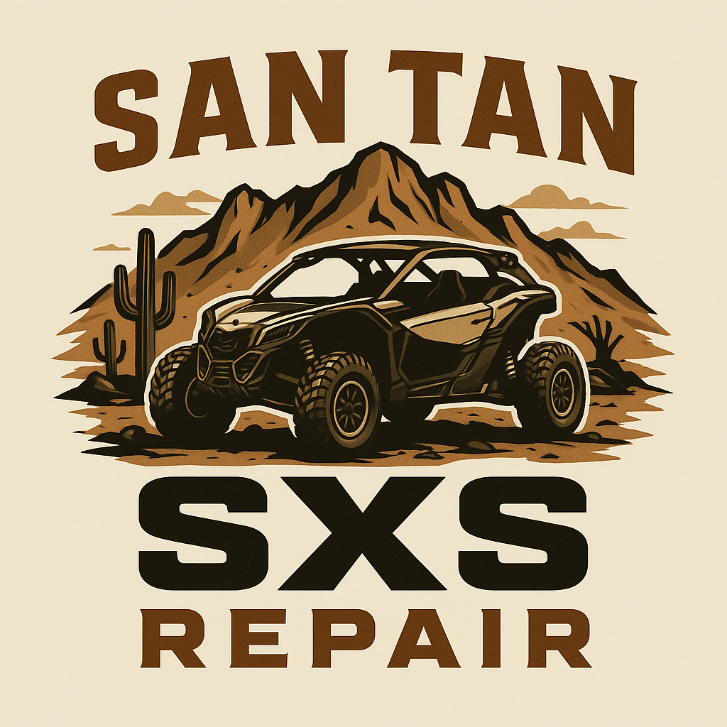 A desert scene with mountains, cacti, and a black off-road vehicle, with the text "San Tan SXS Repair" in bold letters.