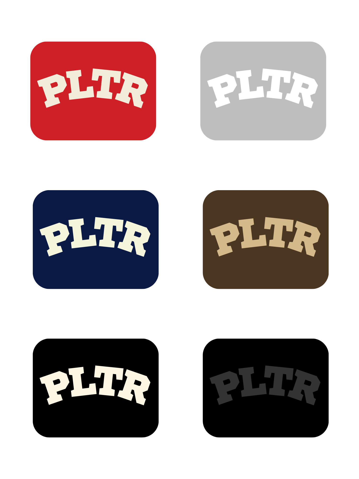 Six square icons with the word "PLTR" in white, each with different background colors: red, gray, navy blue, brown, black, and dark gray.