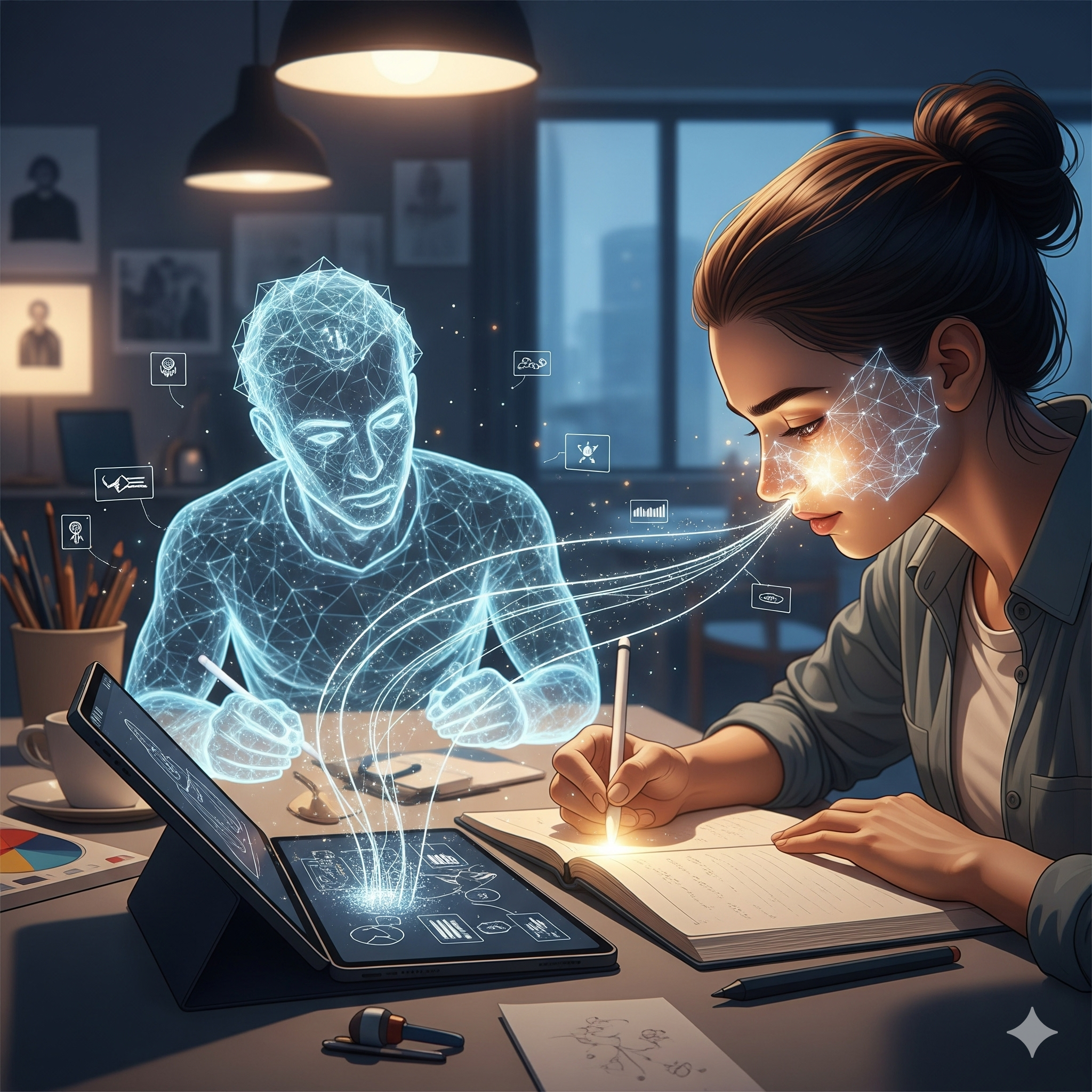 A woman is writing in a notebook at a desk, with a digital hologram of a man made of glowing blue lines and points appearing in front of her. The hologram shows various digital icons and data around its head and body.