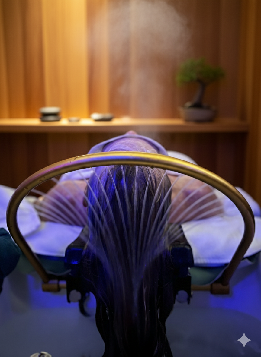 Une personne reçoit un soin spa de tête au salon de head spa, allongée sur une table, avec un visage recouvert d'une serviette. Le décor est en bois avec une petite plante en arrière-plan.