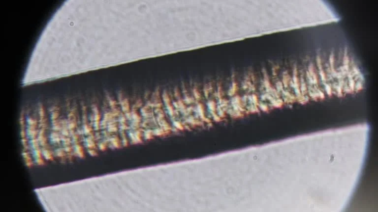 Une image prise à travers un microscope montrant une structure micro ou nanoscopique rayée et colorée.
