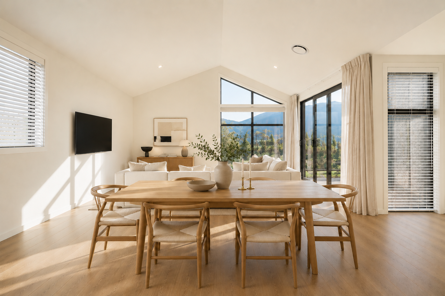 Open-plan kitchen, dining and living area in the Metzger Road Residence, showcasing contemporary design, natural light and quality craftsmanship by Adept Carpentry in Queenstown.