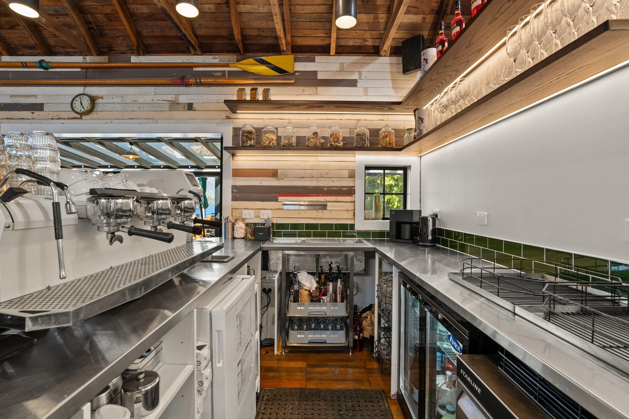 Barista station with espresso machine and stainless steel bench, Boat Shed Cafe fit-out