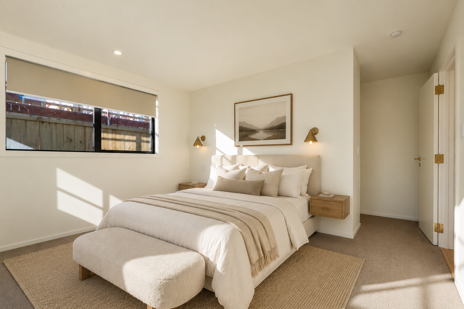Contemporary master bedroom with warm neutral styling, upholstered bed, oak furniture and premium finishes in a custom Queenstown home built by Adept Carpentry.