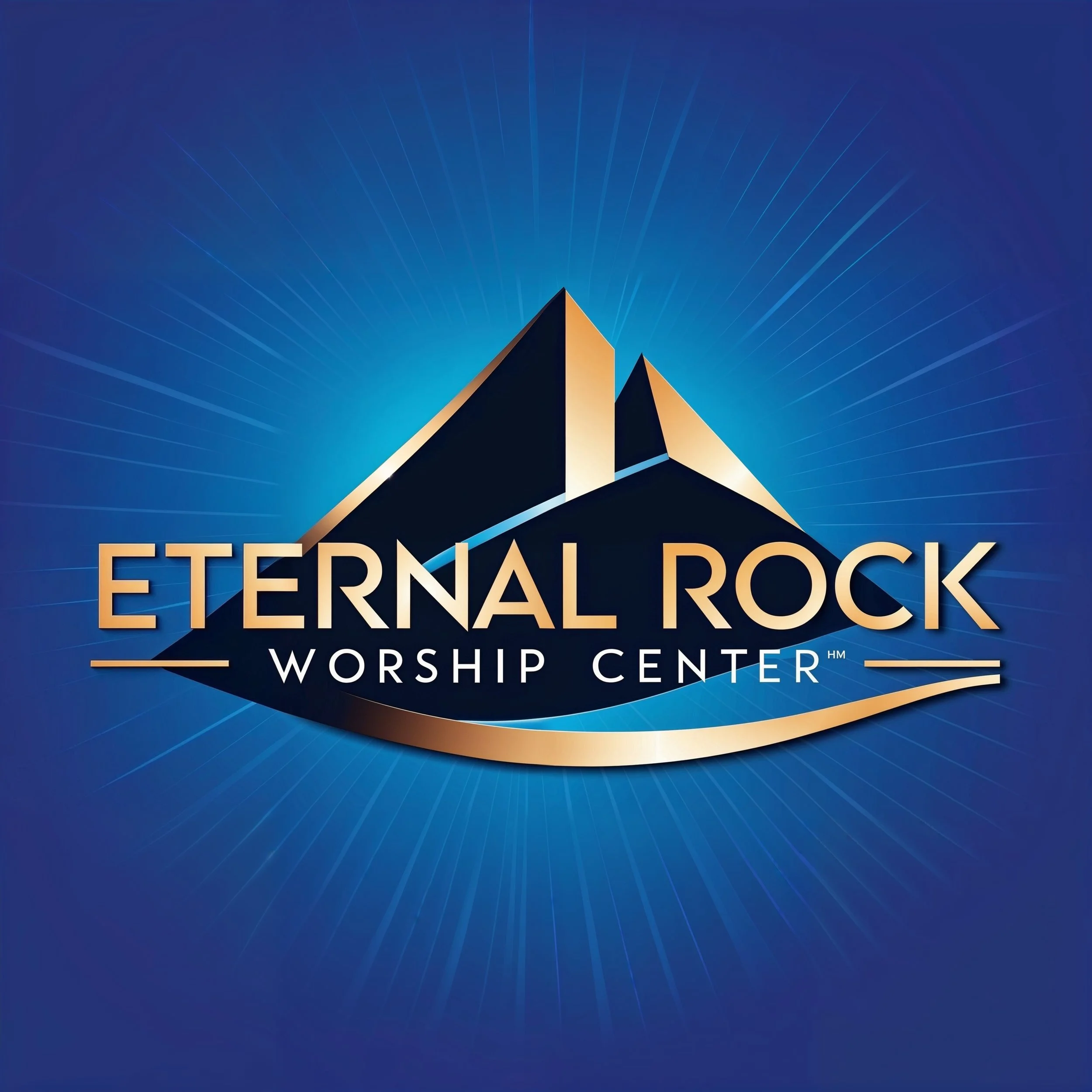 Logo for Eternal Rock Worship Center featuring stylized black and gold mountains and blue background.