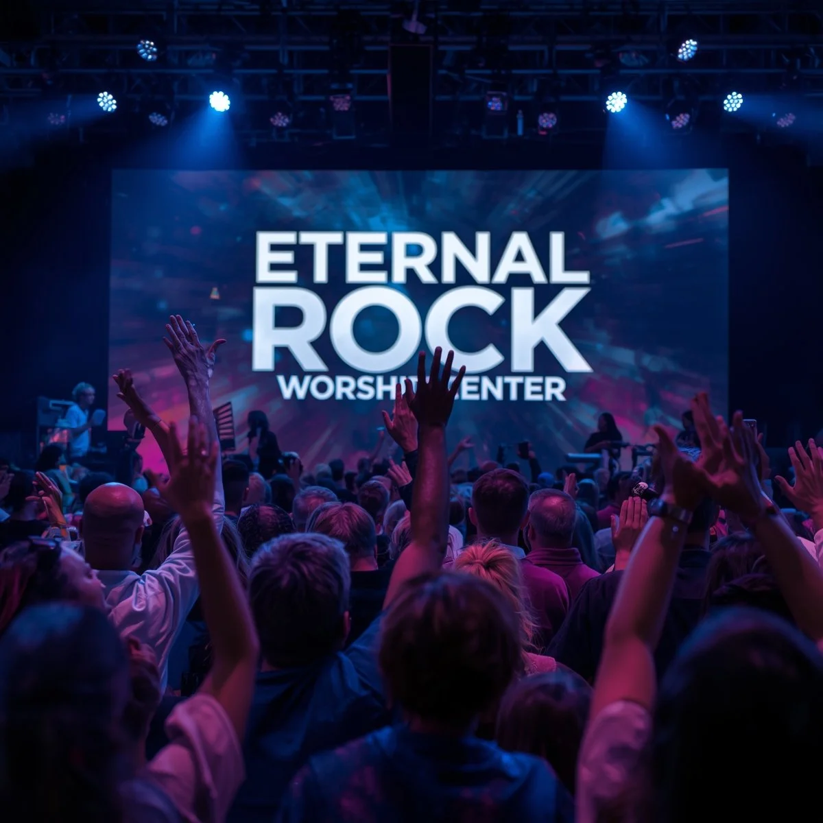 Crowd of people raising hands during worship at Eternal Rock Worship Center with a large screen displaying the center's name in the background.