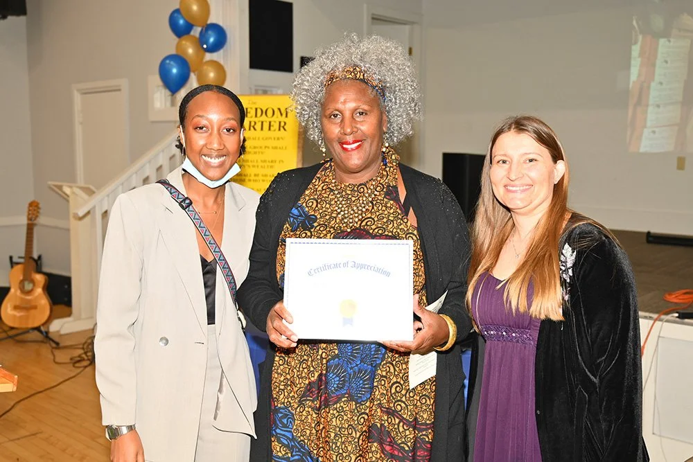 Oakland African American Chamber of Commerce member and Big Momma's Desserts founder Sherry Vance (center) with COSAS Operations Manager Nicole Richards (right) and COSAS Administrative Assistant Tsarina Secyugu (left) at COSAS' 29th Anniversary Dinn