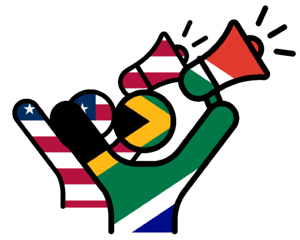 Icon of two people both with megaphone one is coverd with the South African flag and the other the U.S.