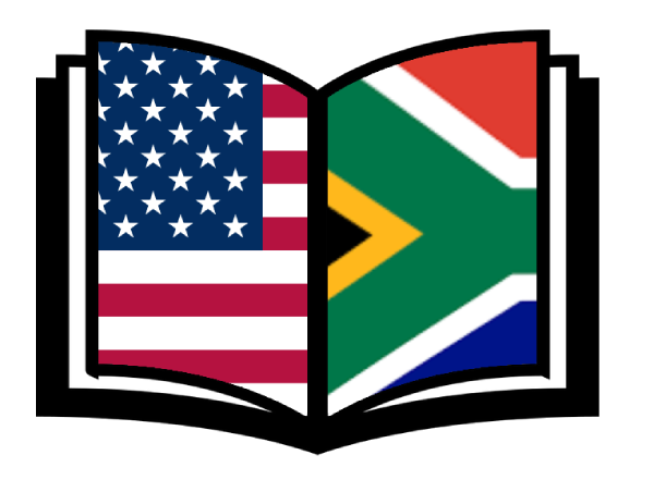 Icon open book left page U.S. flag and right page South African flag
