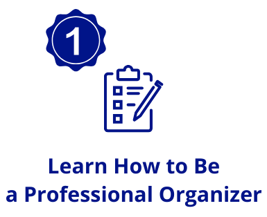 One. Learn How to Be a Professional Organizer. Icon blue clipboard and pen
