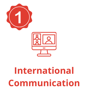 One. International Communication. image red icon of a computer with three people on the screen