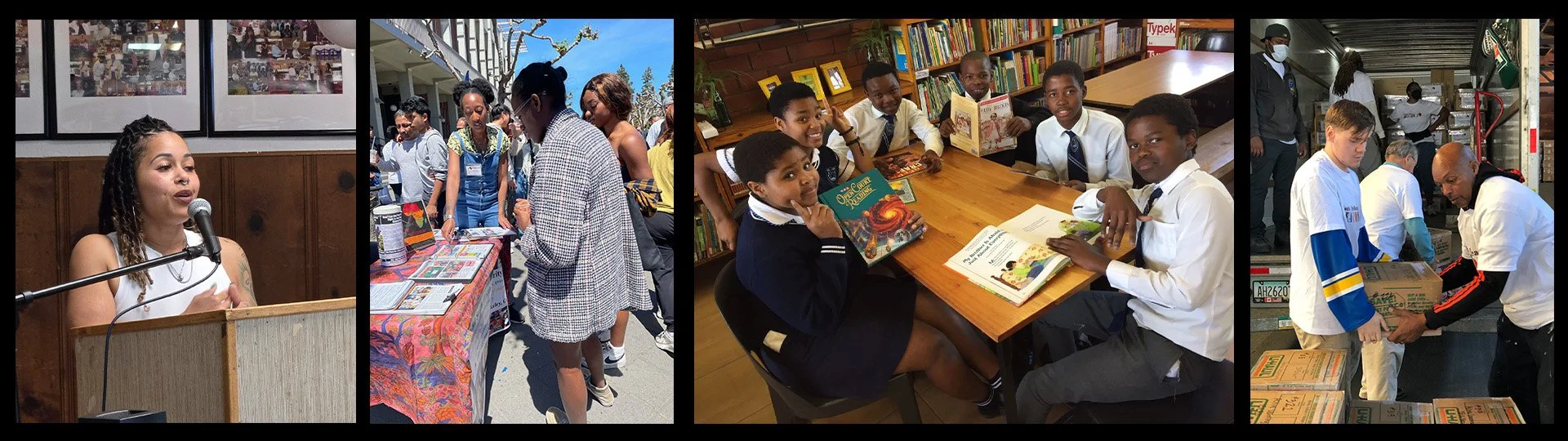 A collage of 4 photos 1. Volunteer speaking at Day of Solidarity 2. COSAS volunteer speaking to two sudents on an information table  3. five primary students in South Africa with donate books 5. Five volunteers unloading boxes of supplies