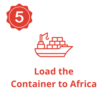 Five. Load the Container to Africa. Image Red icon of container ship with crane