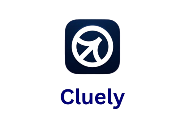 A dark background with a rounded square logo featuring a blue arrow pointing upward, and the word "Cluey" in blue text underneath the logo.