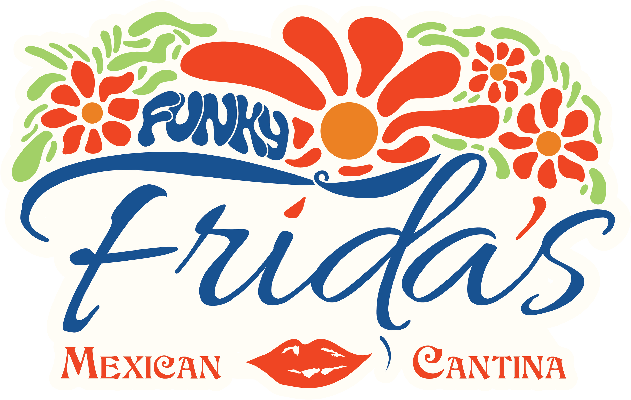 A colorful logo for Funky's Frida's Mexican Cantina with red and orange flowers, green leaves, and blue text, featuring a stylized pair of red lips.