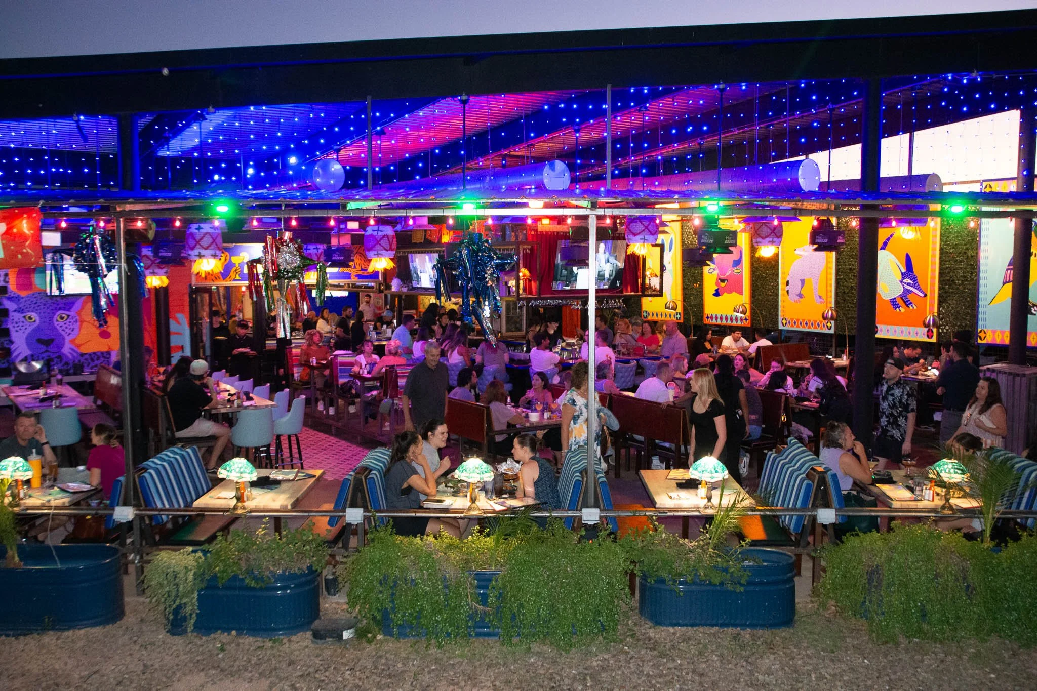 Full patio at Funky Frida's private event venue in Arcadia Phoenix, lit up at night
