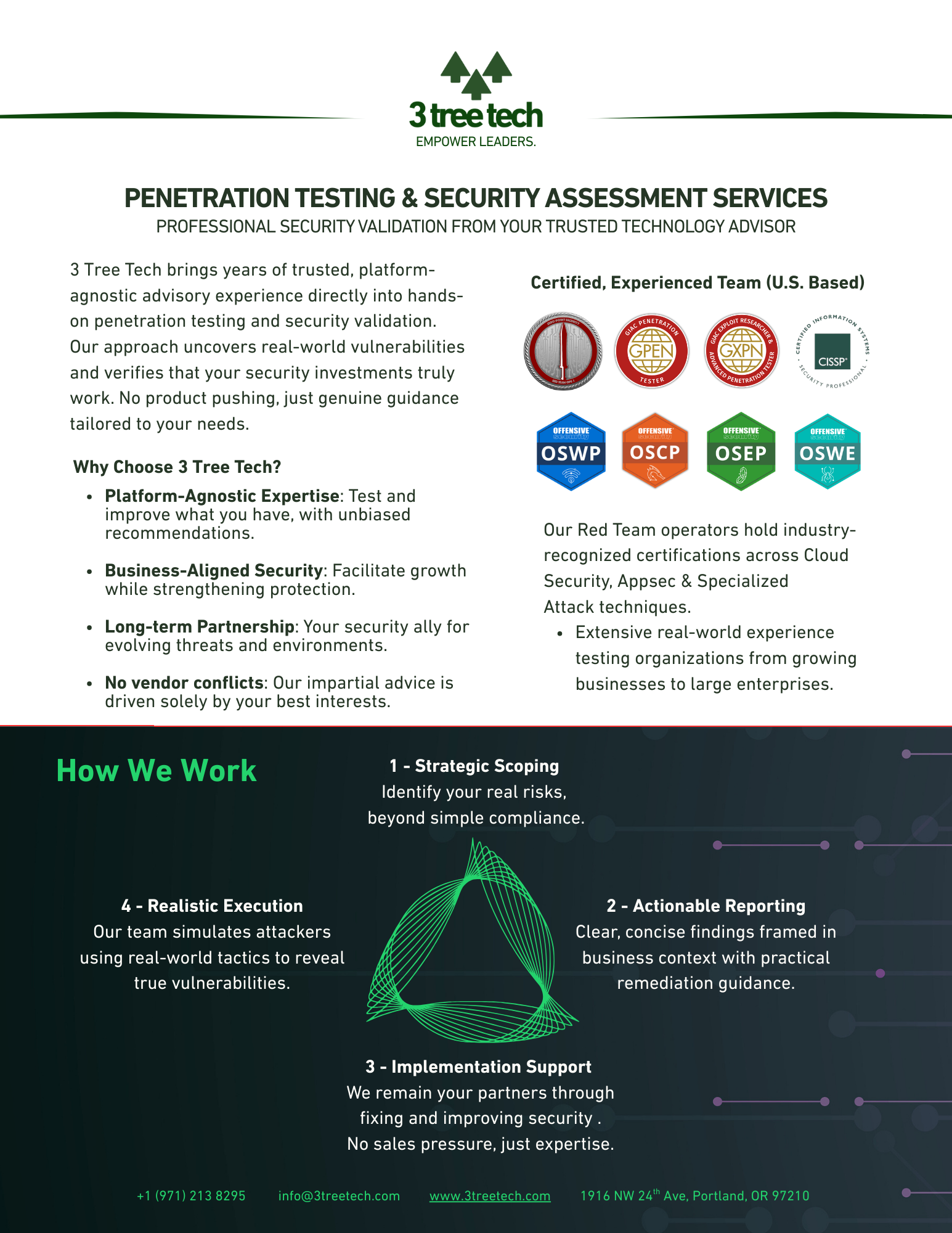 A flyer for 3 Tree Tech advertising penetration testing and security assessment services with logos of certifications, description of services, and a section titled 'How We Work' explaining the process.