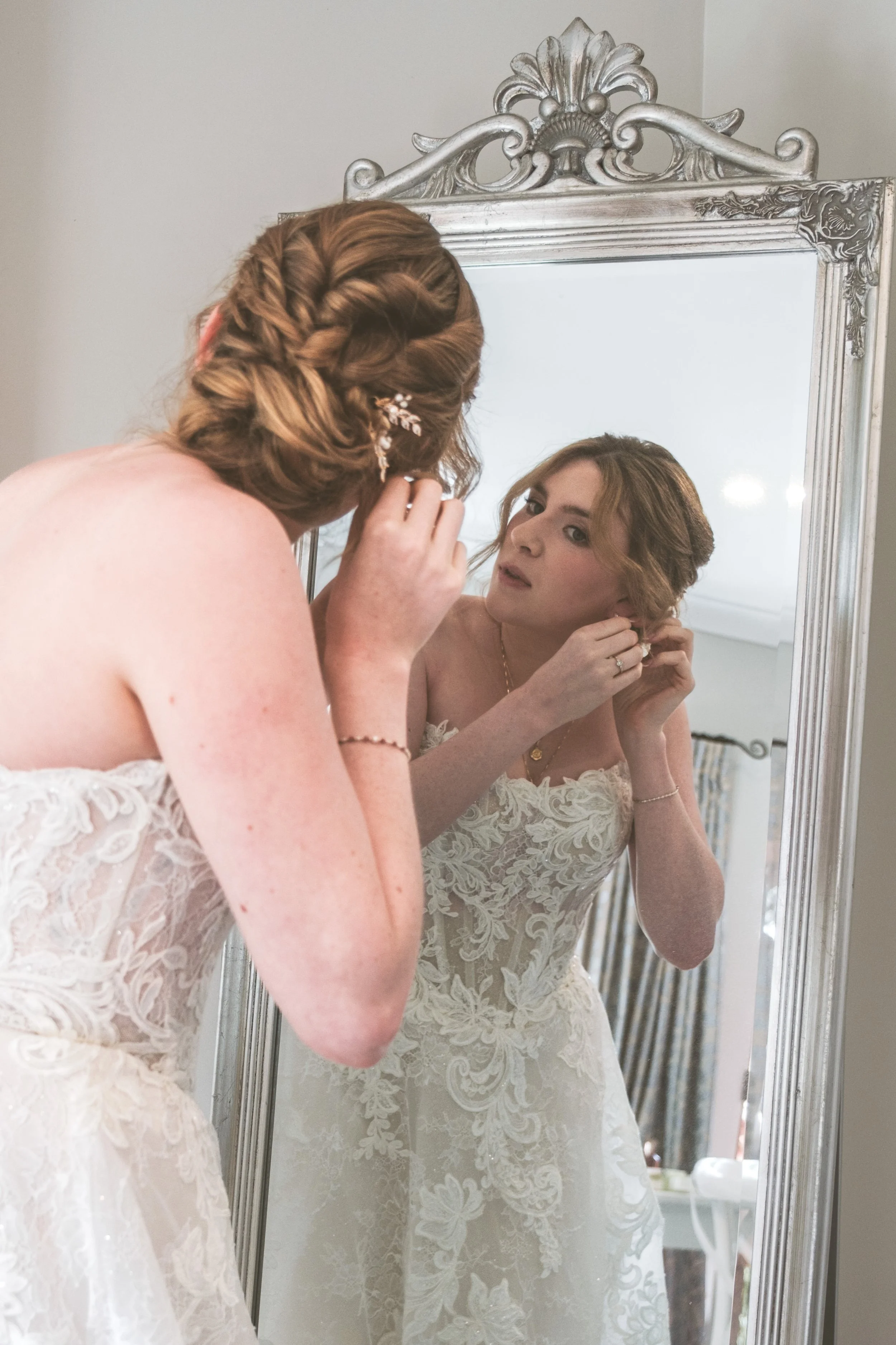 Wedding morning bridal portrait featuring elegant bridal hair, soft glam bridal makeup and timeless wedding beauty by Rita Jacinto Makeup & Hair team in Portugal.