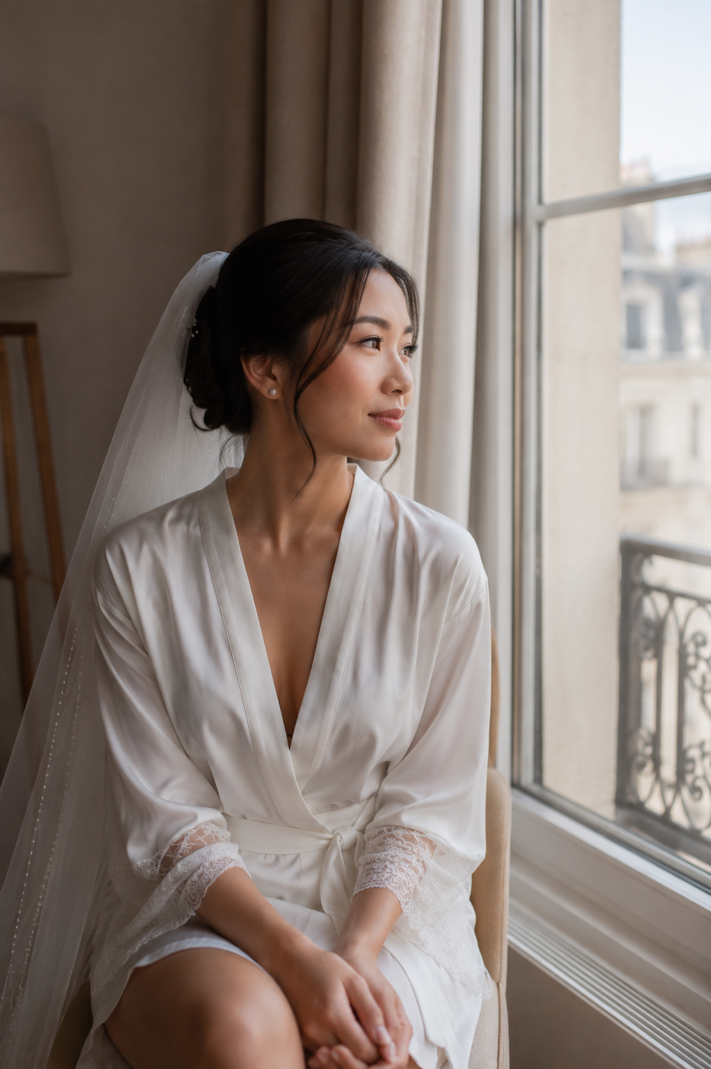 Asian bride getting ready on her wedding morning with soft glam bridal makeup by Rita Jacinto, Destination Wedding Bridal Makeup Artist in Portugal for asian brides, photographed in natural window light.
