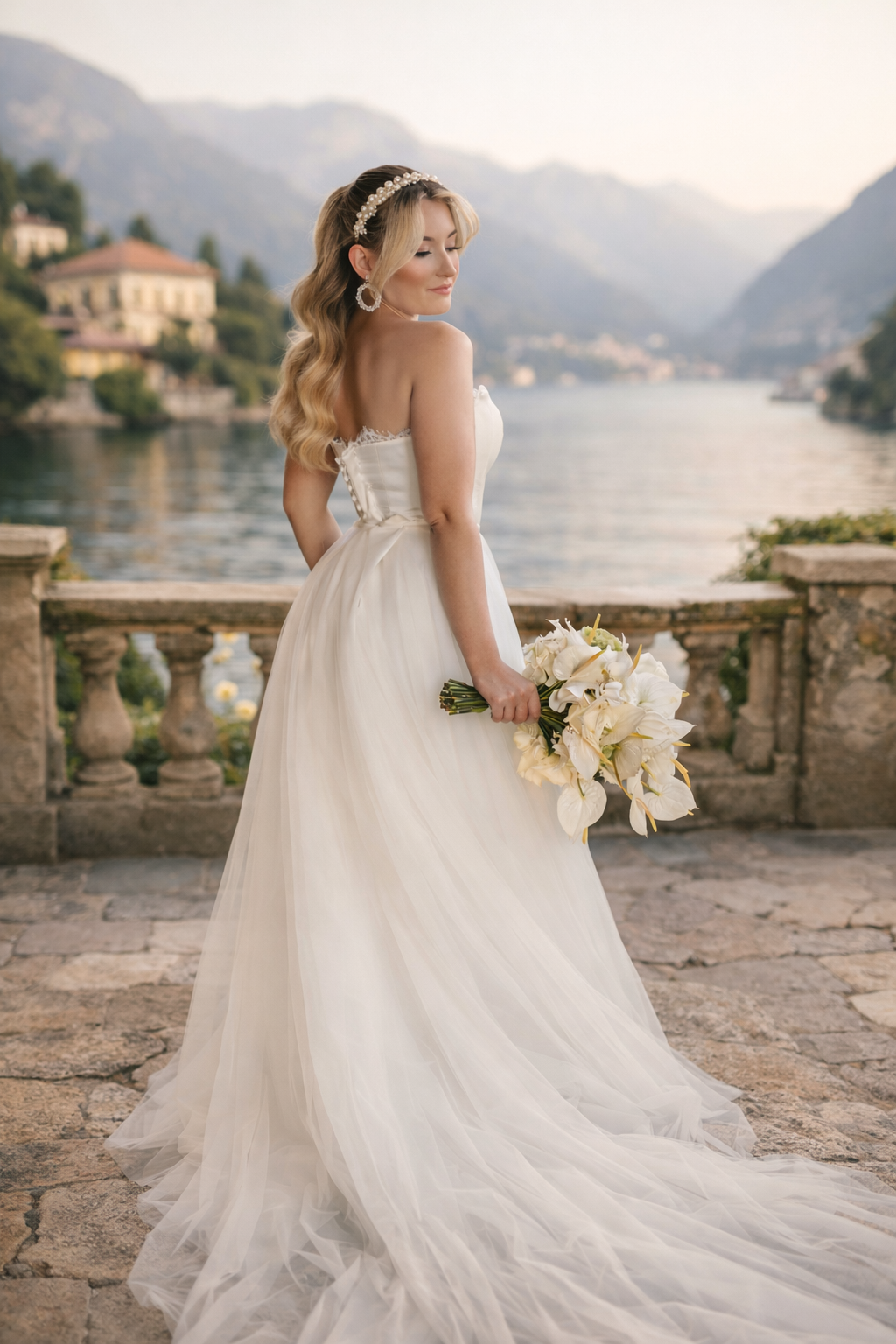 Bride with natural glam bridal makeup overlooking Lake Como at a destination wedding.