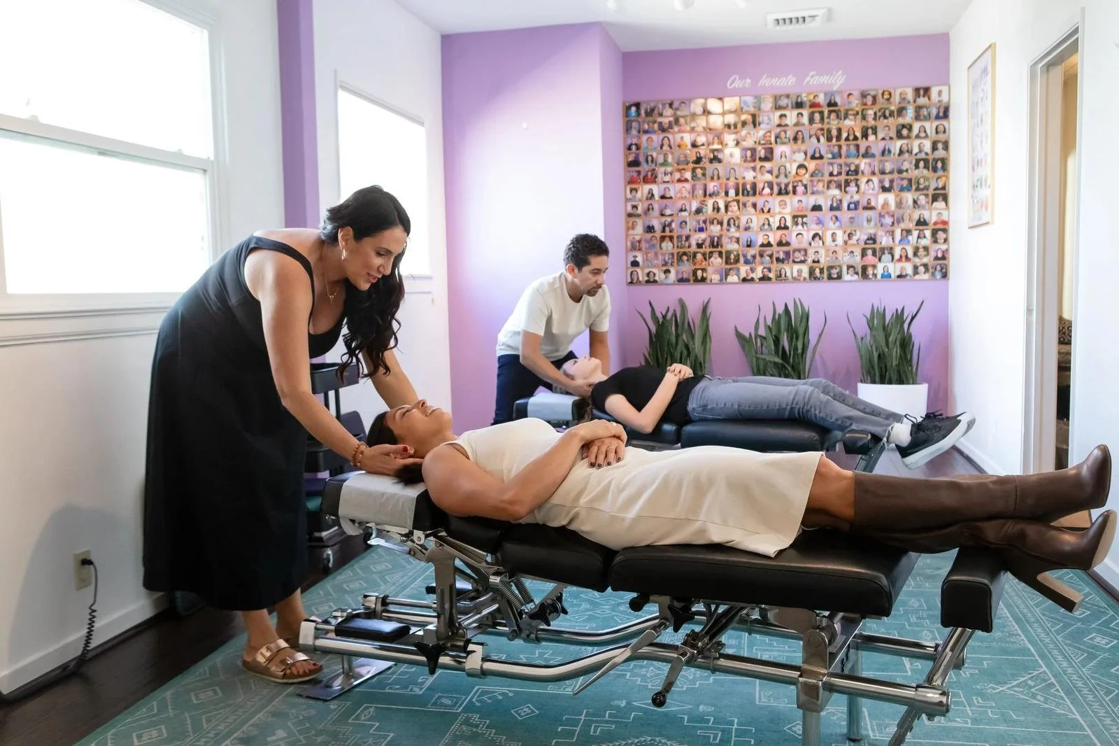 Dr. Adana Vargas of Innate Family Chiropractic Pasadena CA performing an adjustment for migraine and headache relief.
