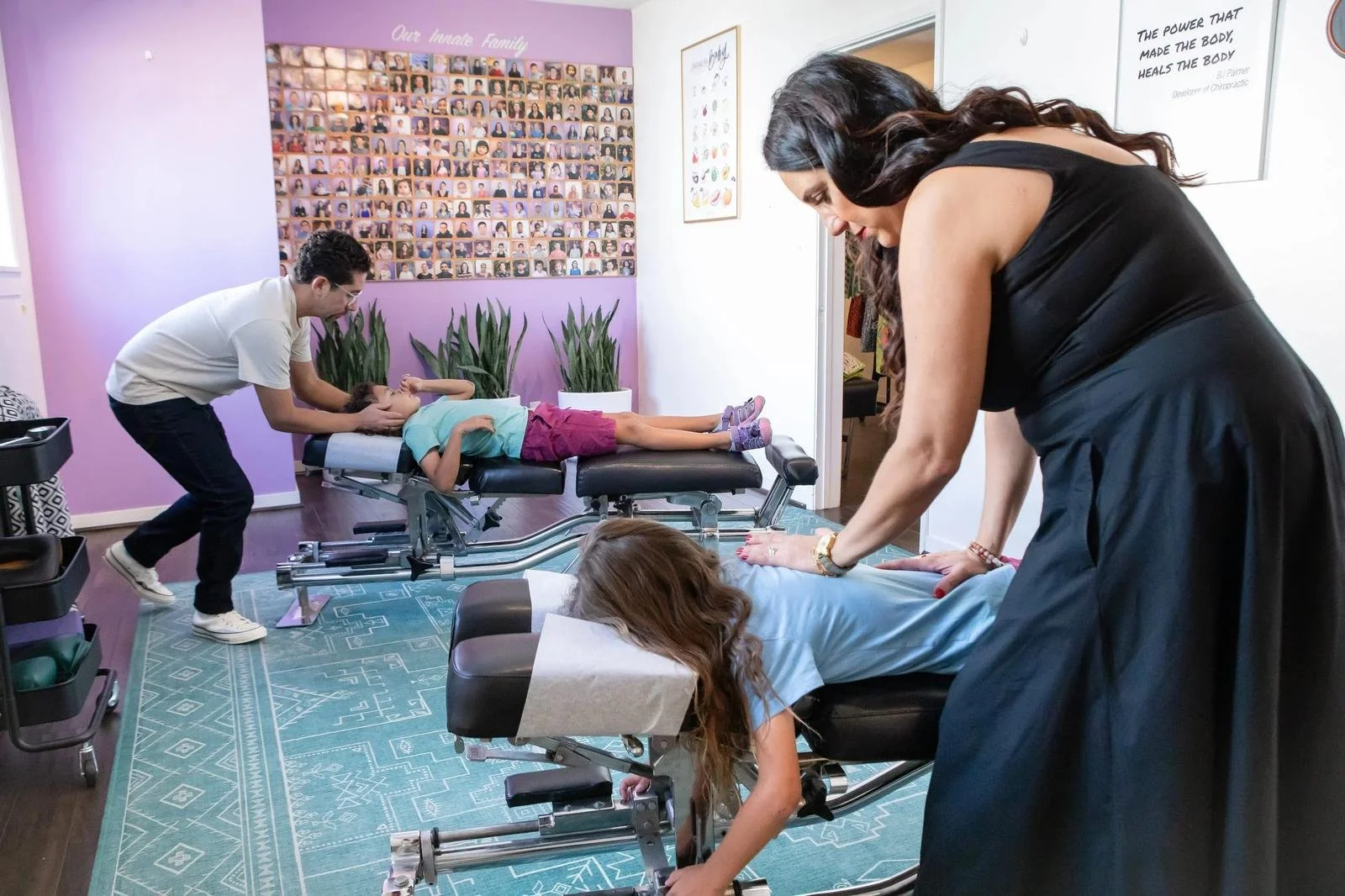 Pediatric chiropractic adjustments at Innate Family Chiropractic Pasadena CA — multiple young patients receiving care.
