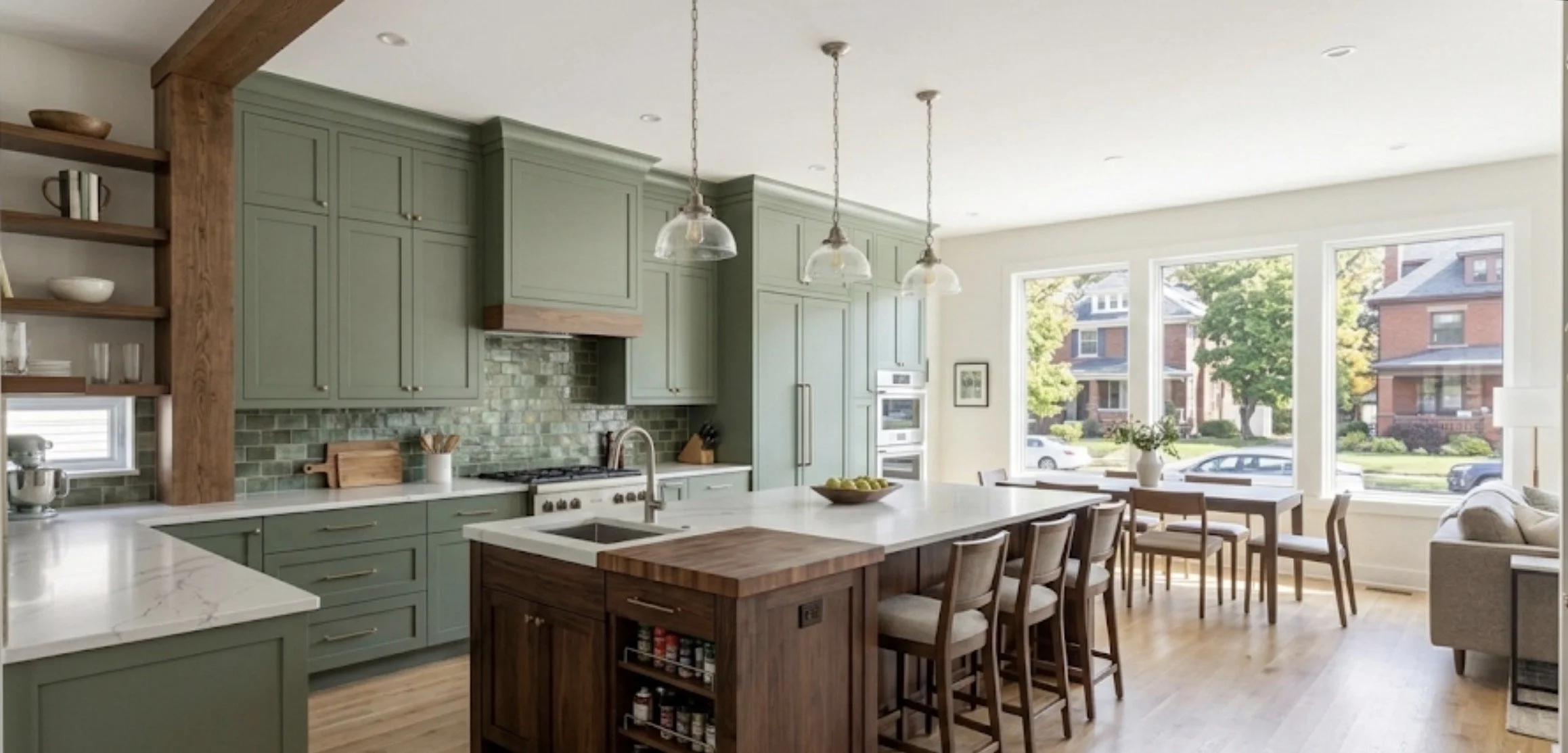 Bright, modern kitchen with green cabinets, a large white island, and wooden accents. Open dining area with wood chairs and large windows showing a neighborhood view.