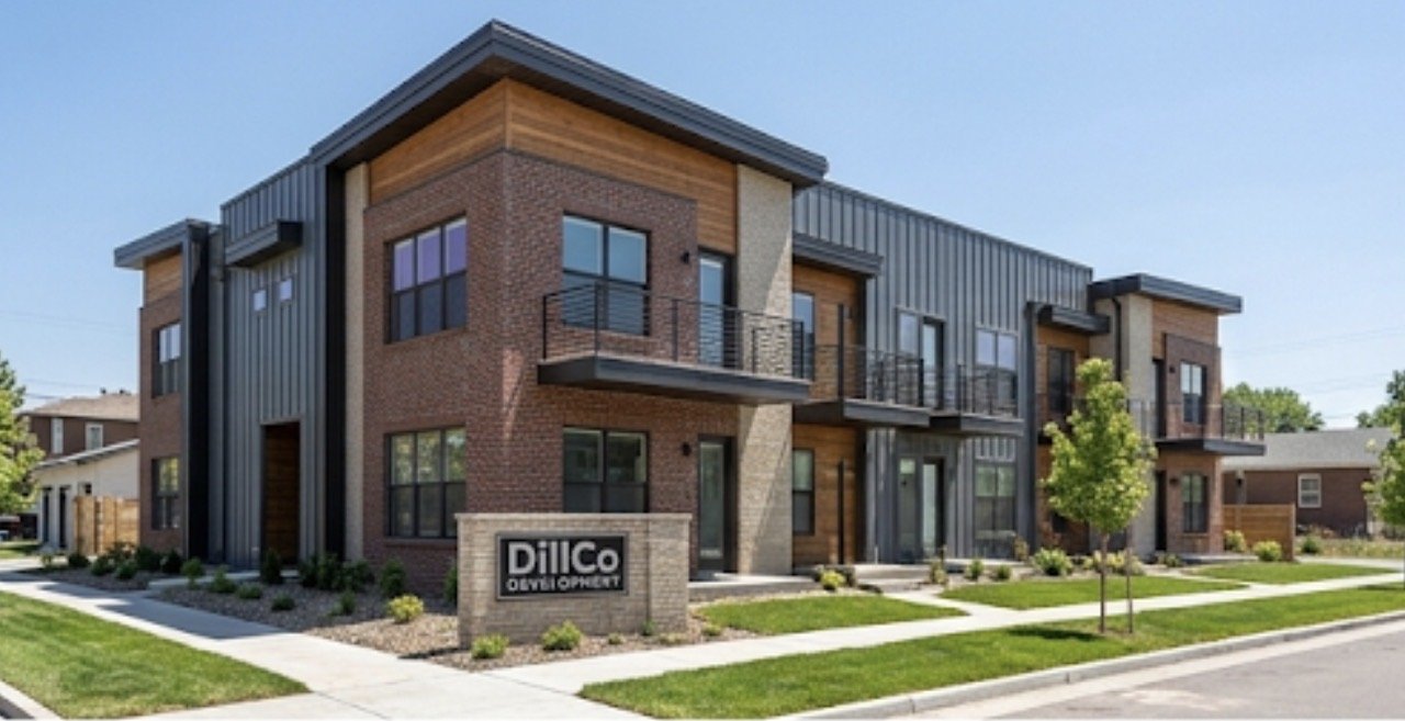 Modern multi-story residential building with brick and metal siding, featuring balconies and large windows, surrounded by well-maintained lawn and trees.