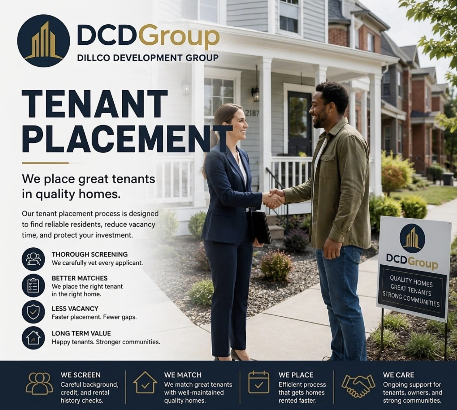 Two people shake hands in front of a row of houses, with a sign displaying the DCD Group logo and slogan for tenant placement services.