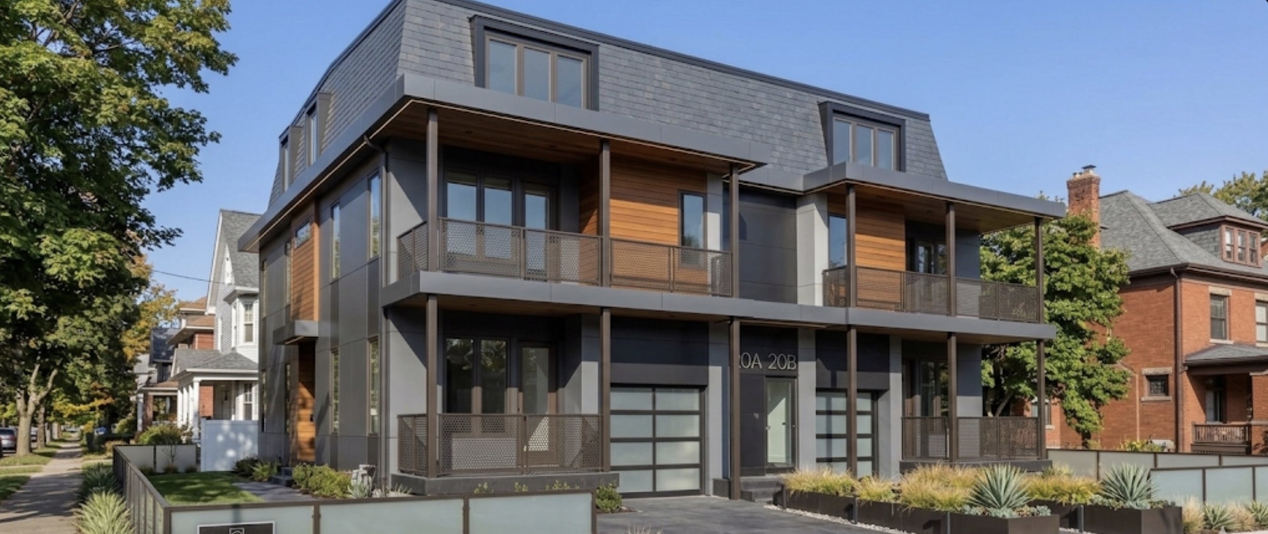 A modern, multi-story residential building with a mix of gray and wooden exterior finishes, featuring large windows and balconies. The building is located in a neighborhood with older, traditional houses and trees lining the street.