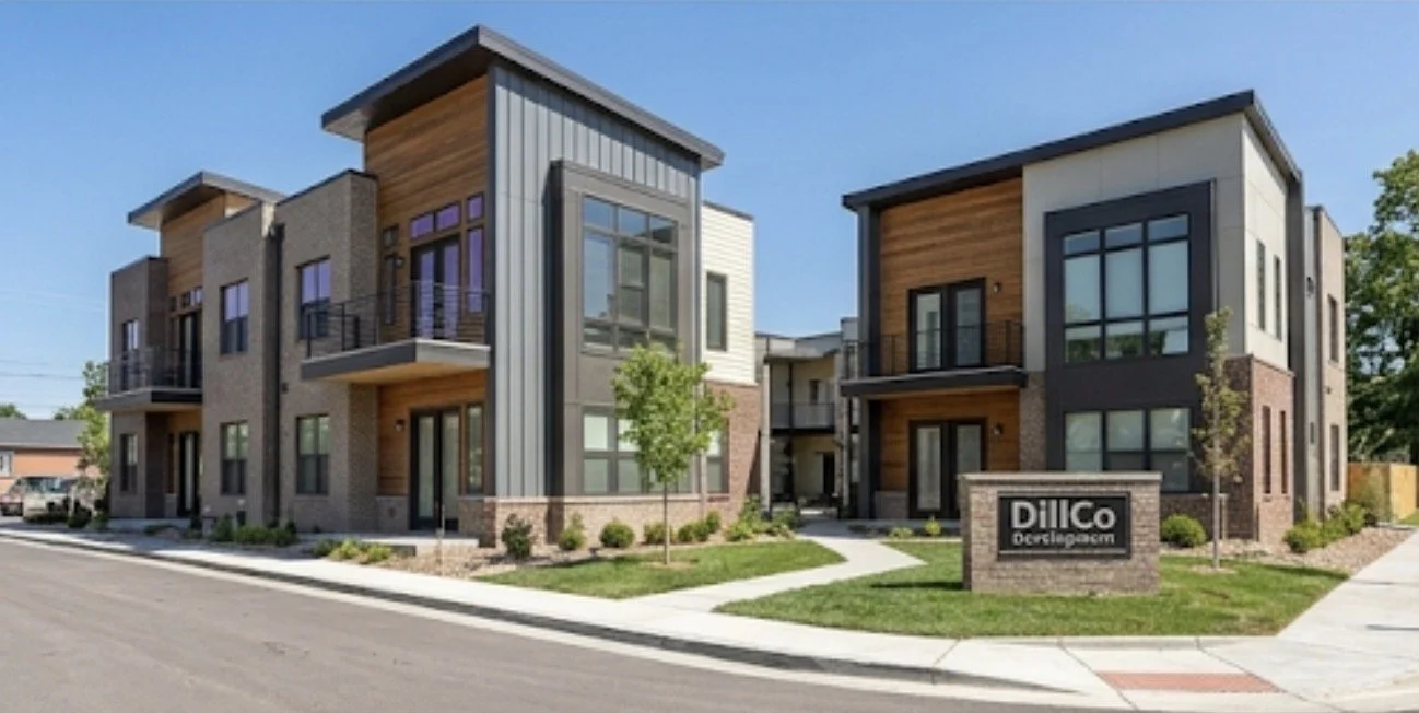Modern multi-story residential buildings with brick, wood, and metal siding, featuring large windows and small front yards, in a suburban neighborhood.