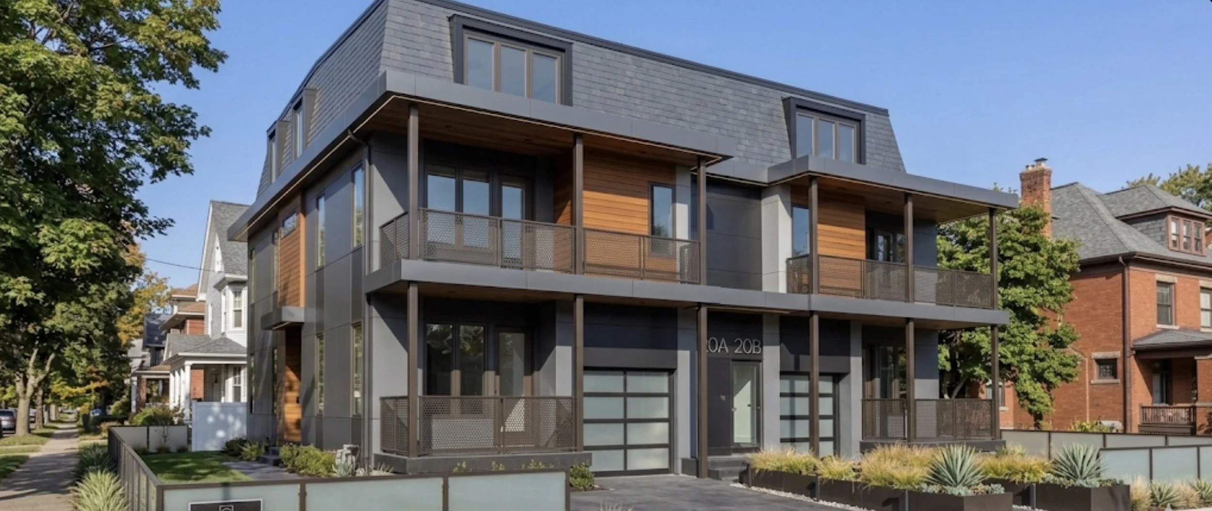 Modern multi-story residential building with gray and wooden exterior, large windows, and balconies, surrounded by trees and neighboring houses. DillCo Development Group